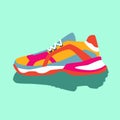 Colorful bright yellow pink blue orange sneakers. Vector flat illustration. Simple illustration of fitness and sport, gym shoe